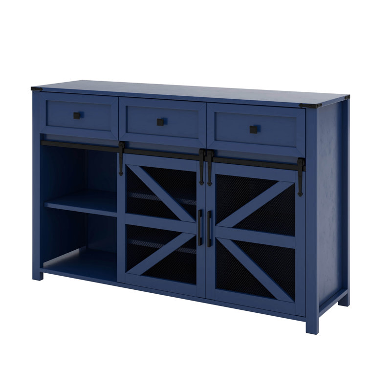 Sideboard Buffet Cabinet With Sliding Door, Adjustable Shelves And 3 Drawers, Navy Blue