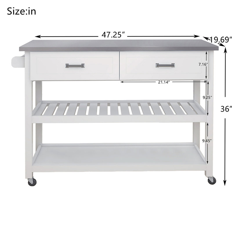 Chariot Kicthen blanc avec deux tiroirs et plateau en acier inoxydable