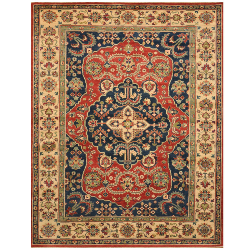 Tapis unique en laine noué à la main bleu marine Kazak de 5 pi 9 po x 7 pi 6 po Luetricia