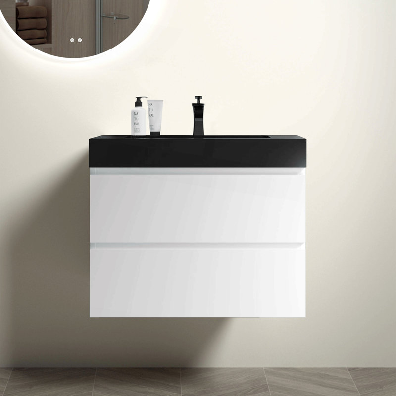 Meuble-lavabo Alice de 30 po avec lavabo, grand meuble-lavabo mural suspendu pour salle de bain moderne, lavabo noir monobloc sans bonde ni robinet, préassemblé