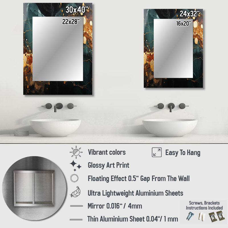 Gold and Green Serene abstract marble dream III - Gold Modern Wall Mirror, 40 po x 30 po