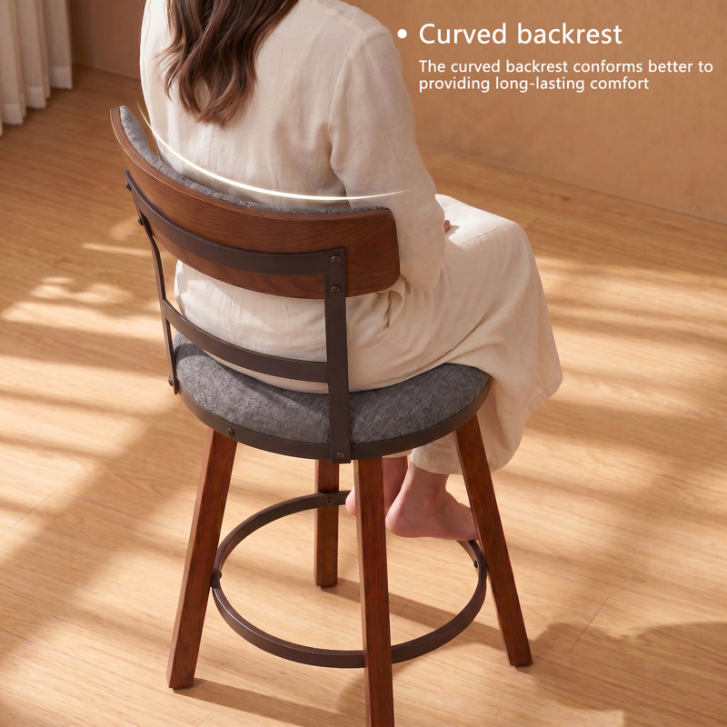 Modern Bar Stools Set of 3, 26" Thick Upholstered Barstools with Curved Frabic Backrest&Solid Wood Legs&Matte Metal Frame, Counter Height Bar Stools for Kicthen Island, Grey