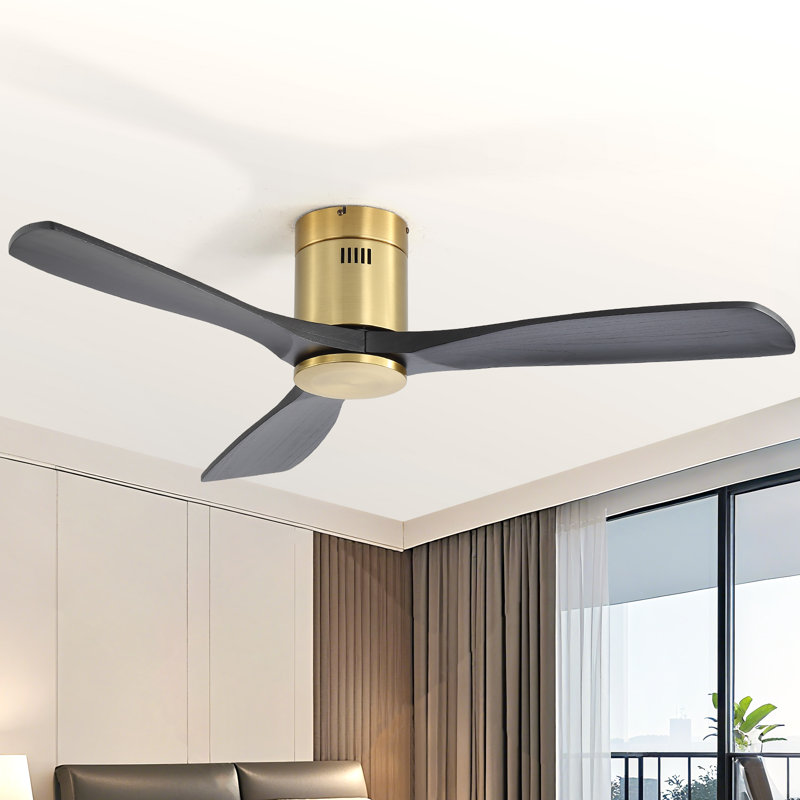  Sofucor Rachel 52'' 3-Solid Wood Blade Flush Mount Classic Ceiling Fan no Lights, Gold/Black, Gold with Black Blade