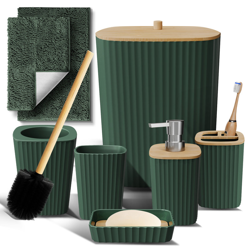 Ensemble complet d'accessoires de salle de bain 8 pièces avec accents en bambou, poubelle, brosse de toilette et 2 tapis de bain inclus