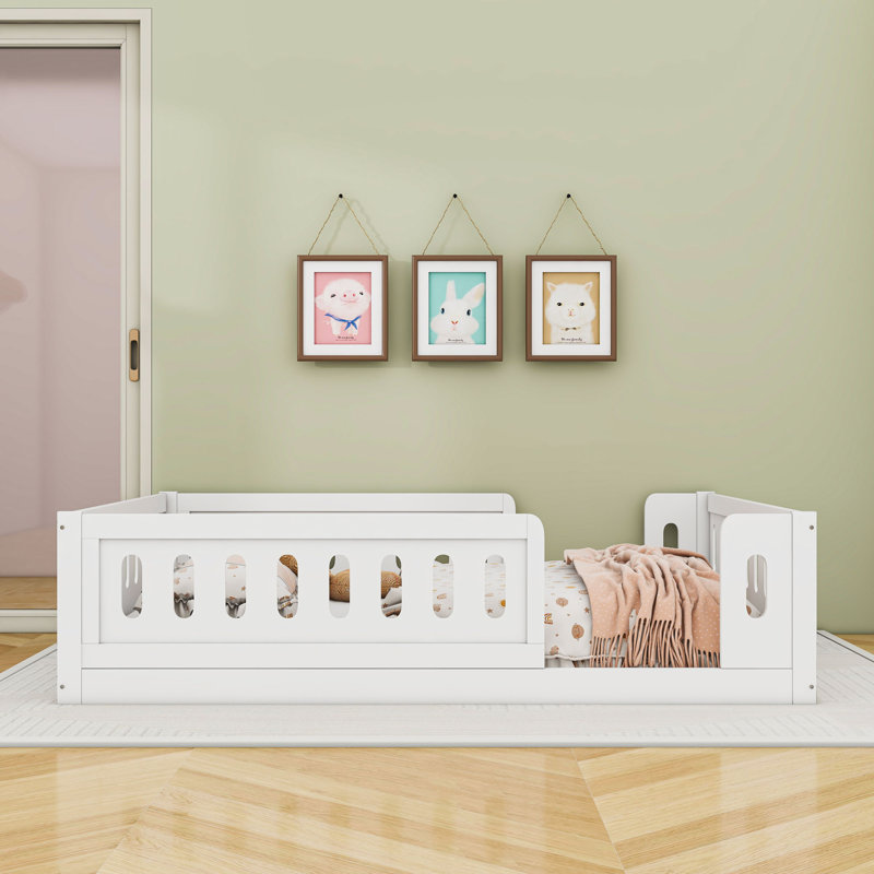Full Size Wooden Floor Bed With Semi-Enclosed Fence, White