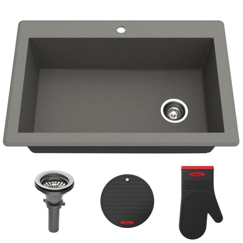 Gray 33-Inch Single Bowl Granite Drop-In Kitchen Sink