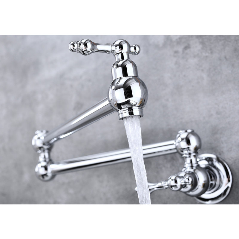 Folding Kitchen Pot Filler Faucet - Wall Mount, Brass, 360 Swivel, Corrosion, Easy To Install Mount Arm, Double Handles, Smooth Working Water