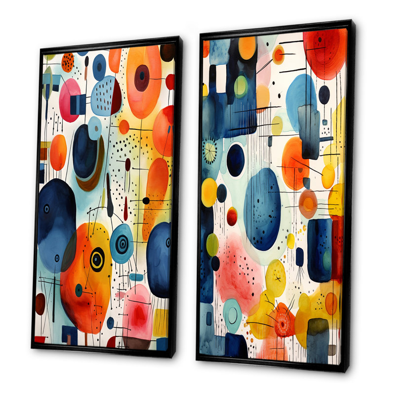 Ensemble de 2 impressions sur toile géométriques colorées Mid Century Shapes II, Cadre flottant noir, H 28 po x l 25 po