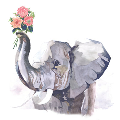 Elephant Holding Flowers - Painting Print