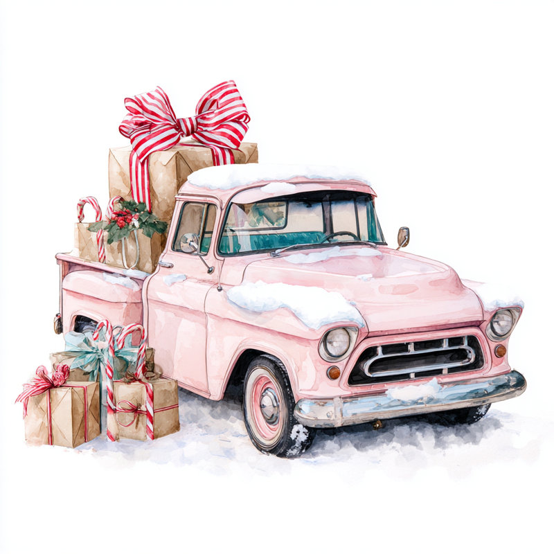 Art rétro sur toile tendue avec un camion de Noël rose rétro, H 20 po x l 20 po