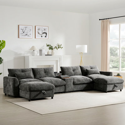 Canapé modulaire modulaire avec console, porte-gobelet, chargeur USB, repose-pieds de rangement mobile pour le salon