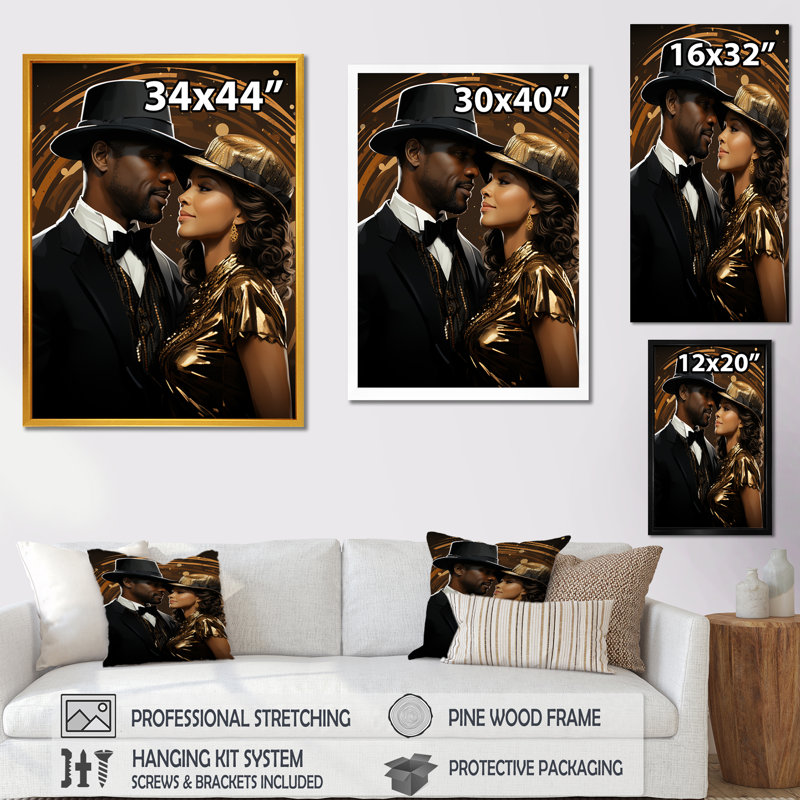 Harlem Dynamic Jazz African American Couple I - Harlem Renaissance, art mural, H 20 po x l 12 po x P 1 po, Cadre simple noir