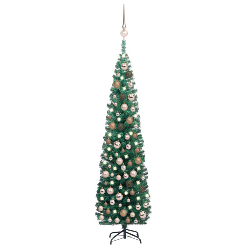 Mince arbre de Noël artificiel, 70.9", with 150 LEDs & 61 rose gold balls, Vert