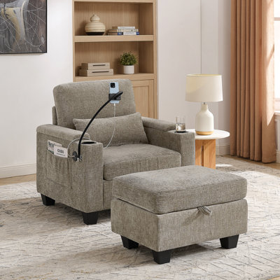 Single Sofa Recliner With Manually Adjustable Backrest, USB Charging Port On The Armrest Side, Phone Stand Included, Hidden Armrest Storage, And A Matching Storage Ottoman-Brown