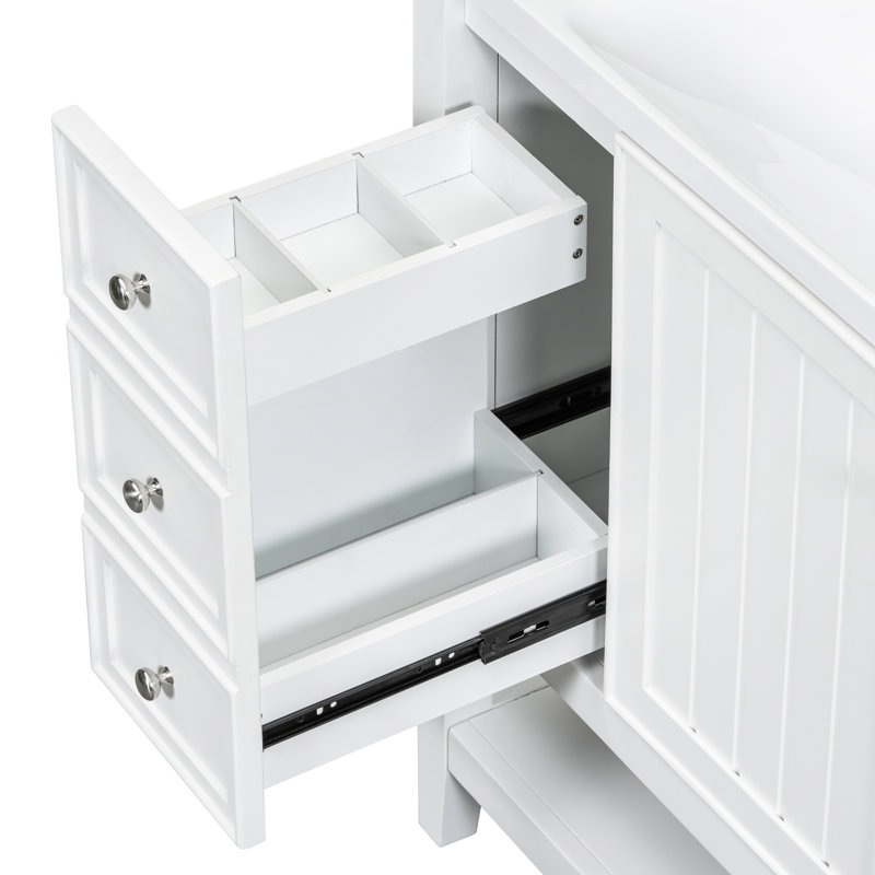 Meuble-lavabo blanc de 36 po, lavabo en céramique et bois massif en peuplier d'hévéa, une armoire, trois tiroirs, finition peinte, emplacement de lavabo encastré au centre, tablette réglable à rebord plat de 36 po, fixation pour robinet de 4 po