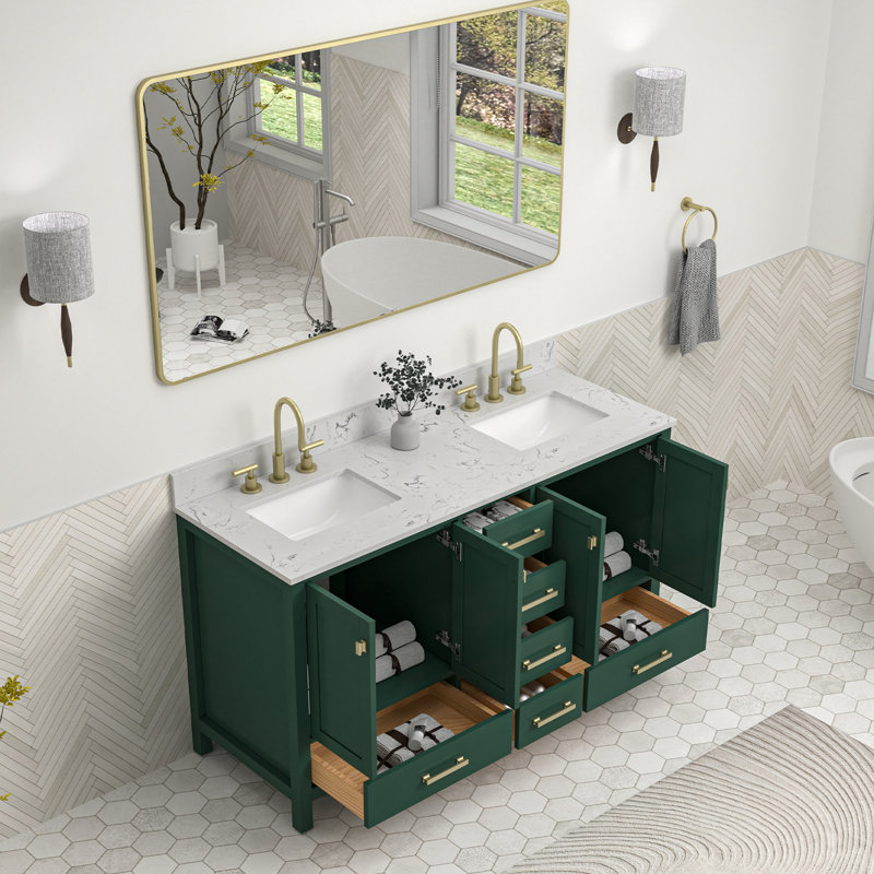 Meuble-lavabo autoportant 60 po avec lavabo double 60 po, Green/Brushed Gold