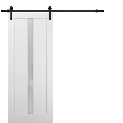 Porte coulissante de style grange avec quincaillerie de 2 m (6,6 pi) Quadro 4112 Blanc Soie avec rails en verre opaque dépoli, supports de rail robustes argentés, portes intérieures à panneaux massifs en bois massif - 107 cm x 213 cm (42 po x 84 po) - Rail noir