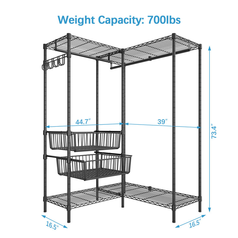 Black L-Shaped Metal Garment Rack with Slide Baskets and Shelves