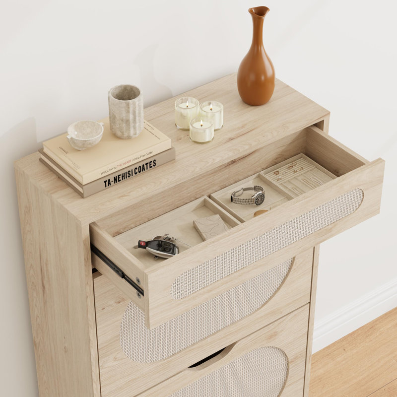 Armoire à chaussures en rotin avec 2 tiroirs rabattables et tiroir coulissant, rangement pour chaussures autoportant avec tablette réglable