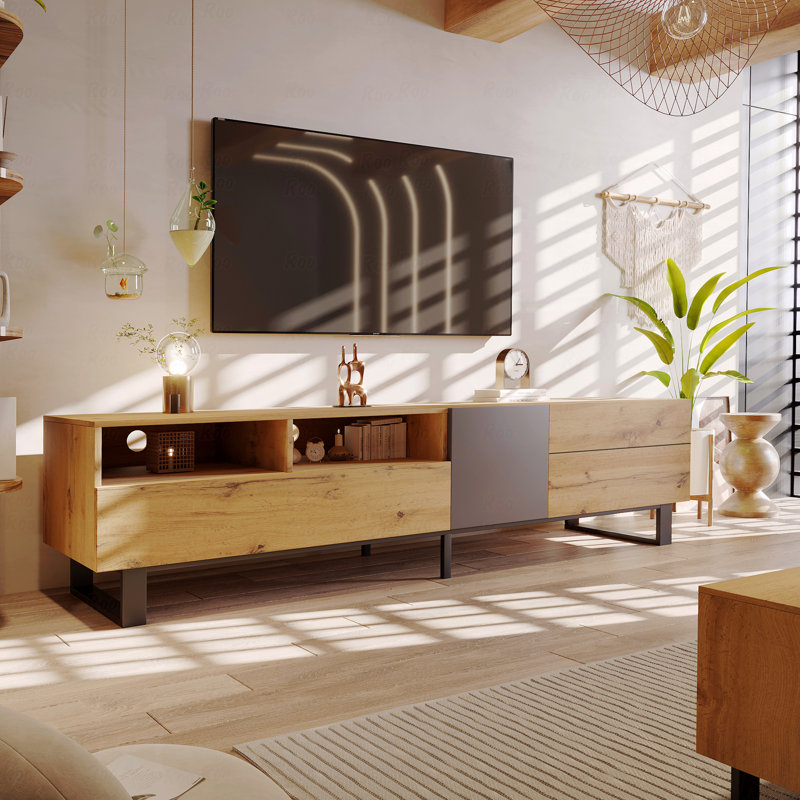 Console multimédia moderne avec porte rabattable - Meuble télé avec rangement double 80 po, Marron foncé