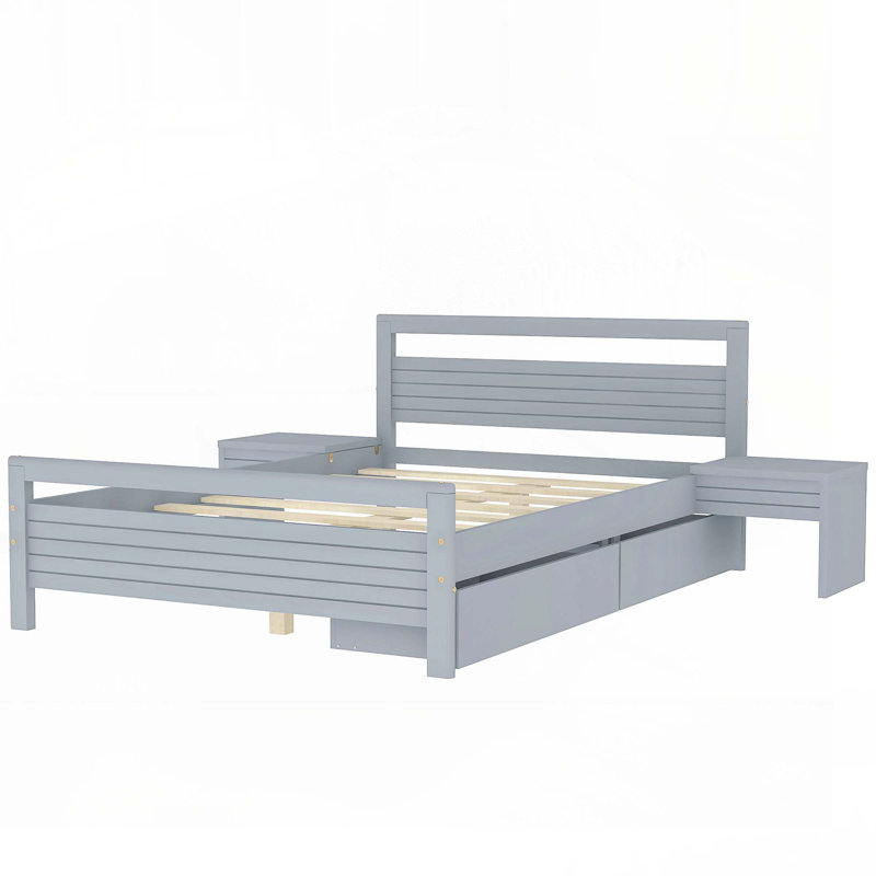 Lit plat en bois avec tiroirs, Gris, Double