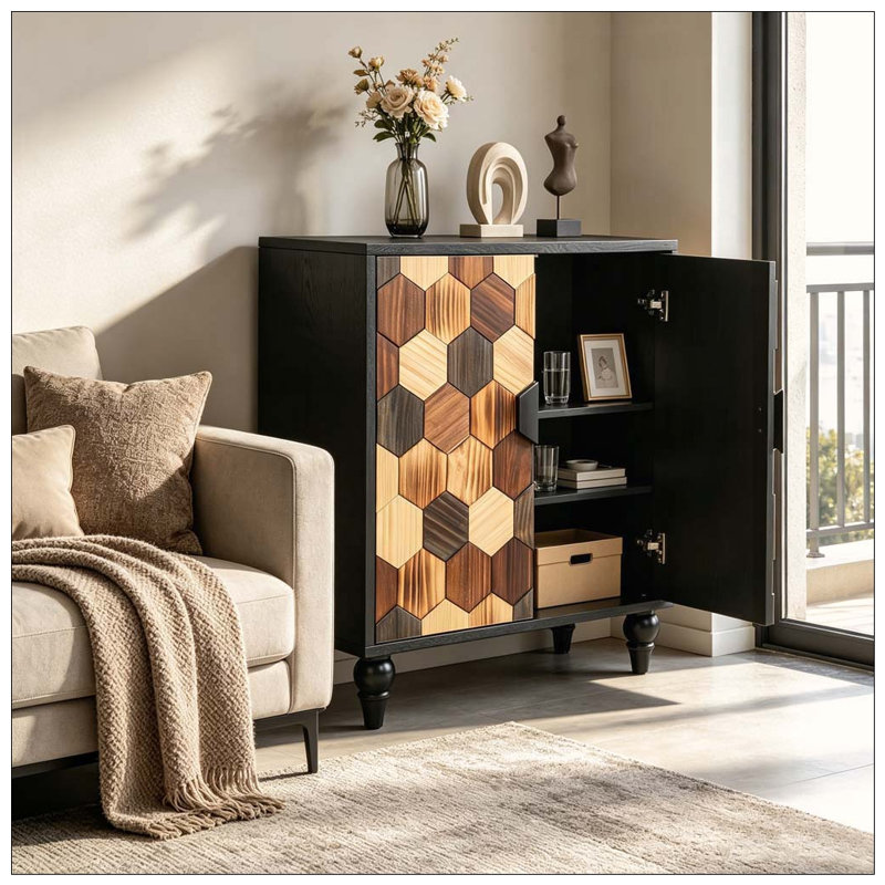 Buffet 30,31 "avec motif en nid d'abeille, armoire d'appoint moderne, Noir antique