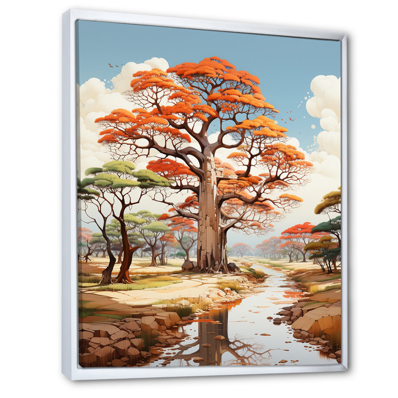 Représentation transparente d'un baobab sur toile, Cadre flottant blanc, H 32 po x l 16 po x P 1 po