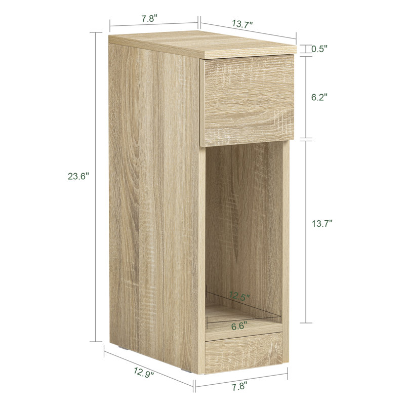 Narrow Nightstand with Sliding Drawer, Small Space Bedside Table End Table, Storage Cabinet for Living Room Sofa, Open Shelf, Natural