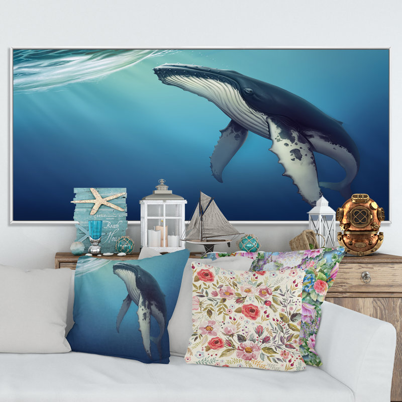 Baleine dans l'océan - Impression sur toile, H 24 po x l 36 po x P 1 po, Cadre blanc