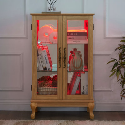 Elegant Light Oak Curio Cabinet With Tempered Glass Doors, LED Light, Mirrored Back Panel & Adjustable Shelves – Perfect Display Storage For Home & Of