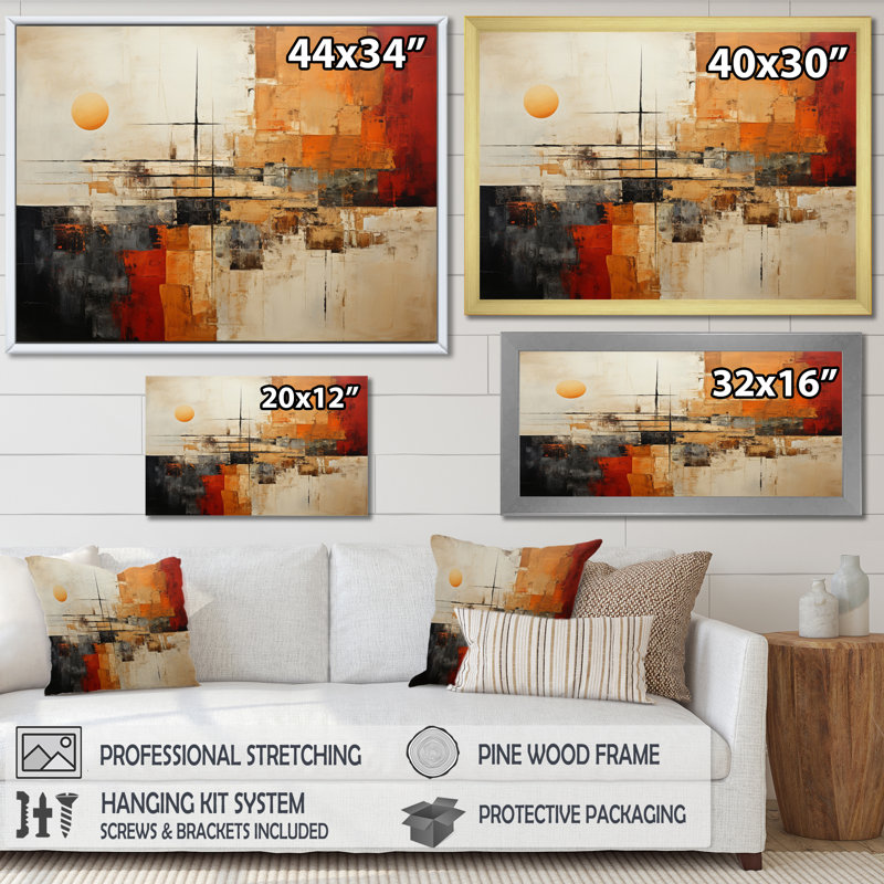 Décoration murale orange orange beige amérindien - paysages abstraits, H 24 po x l 32 po x P 1 po, Cadre flottant noir
