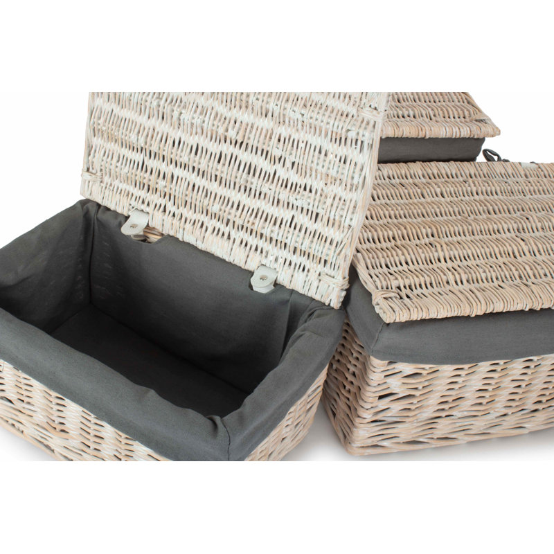 Wicker 3 Piece Storage Hamper Basket Set with Lining, White Wash/Grey