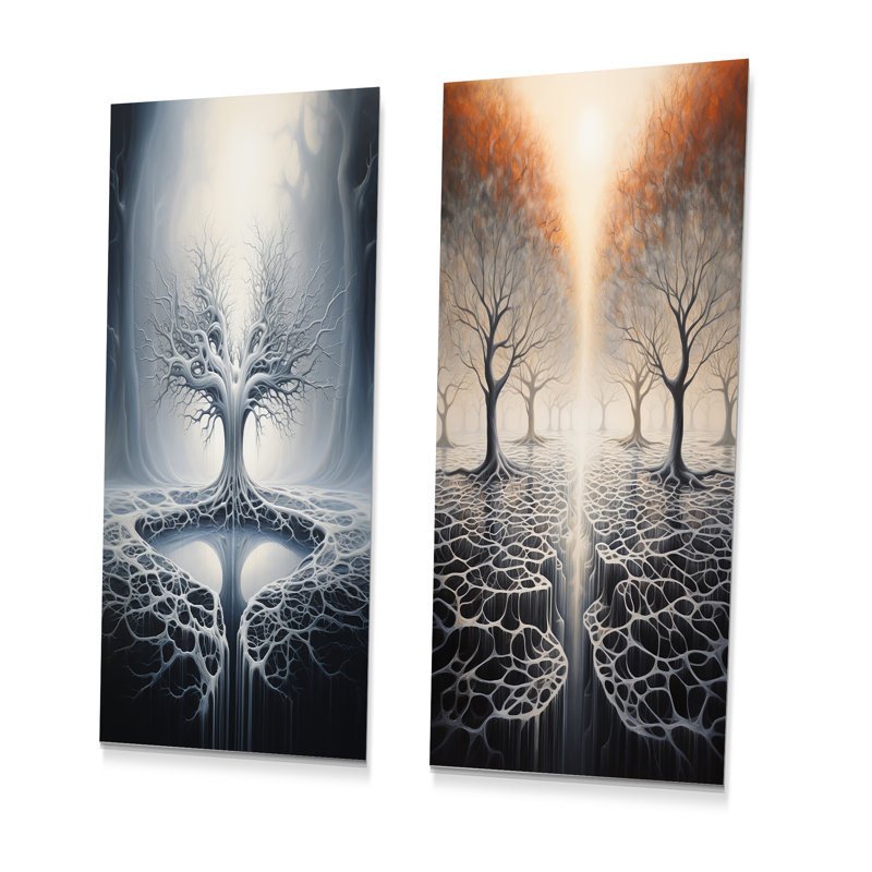 Surréalisme arbre céleste racines - ensemble de 2 reproductions d'art mural en métal surréalisme, H 28 po x l 24 po