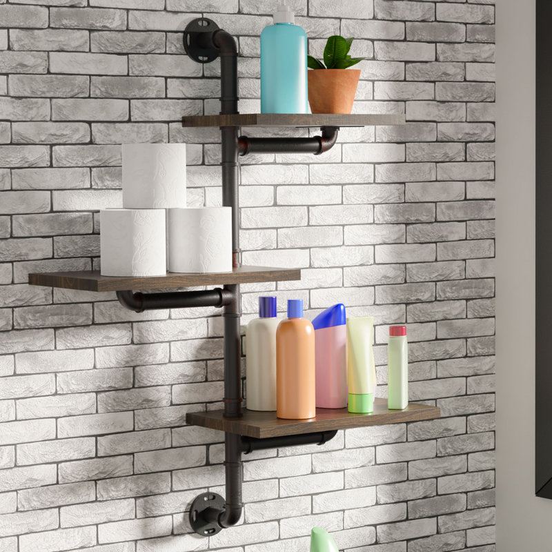 Holloway 3 Piece Tiered Industrial Pipe Shelves, Dark Walnut