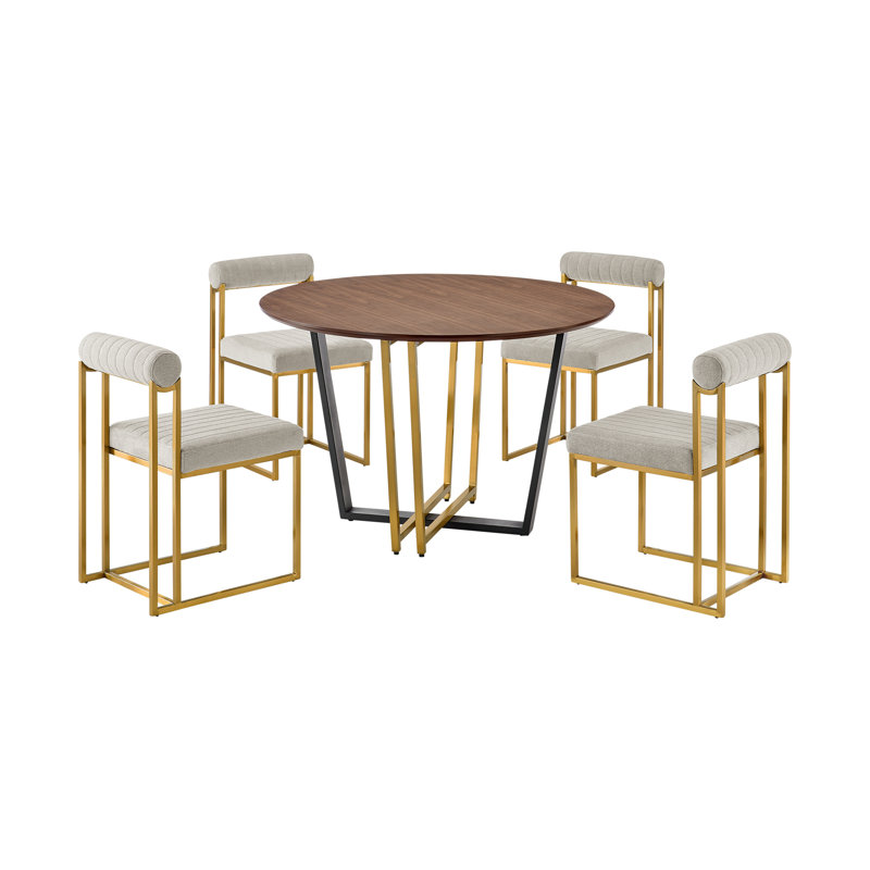 Ensemble de table de salle à manger 48 pièces en noyer avec cadre en métal et chaises rembourrées en tissu Mirjka, Gris/doré