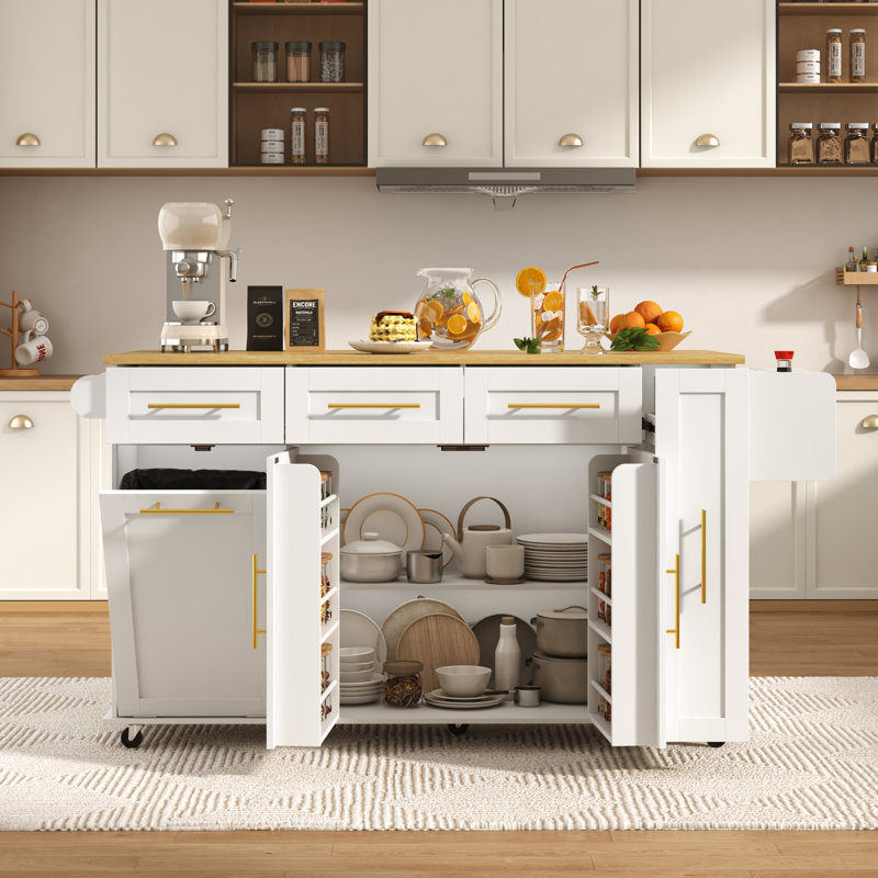 69"W Kitchen Island On Wheels, Large Kitchen Rolling Island Cart With Trash Storage Cabinet, Power Outlet, Drop Leaf, Spice Rack, Towel Rack, Knife Holder, Mobile Island Table For Kitchen