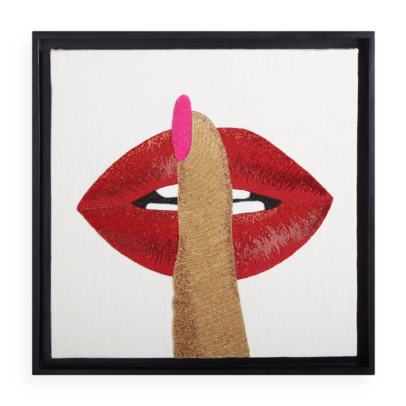 Hand-Beaded Red Lips and Finger Black Framed Wall Art