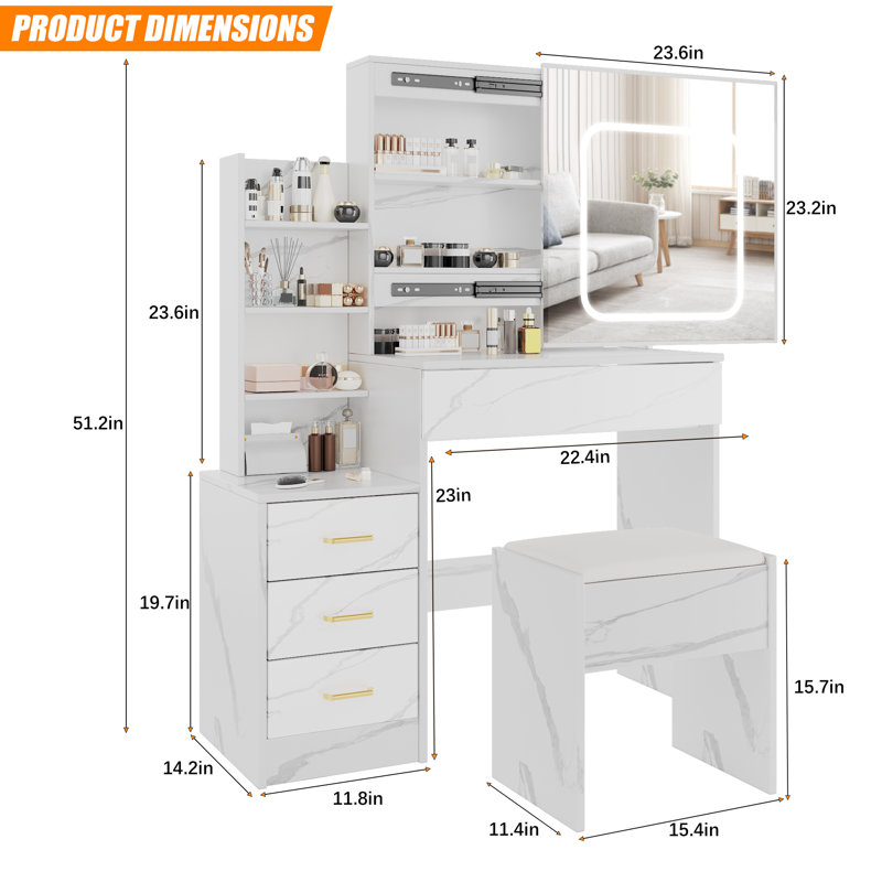 Bureau de coiffeuse avec miroir coulissant à DEL, coiffeuse à maquillage avec 4 tiroirs, étagère de rangement, prise de courant et tabouret rembourré, 3 modes d'éclairage réglables, ensemble de meuble-lavabo moderne pour la chambre à coucher, marbre blanc