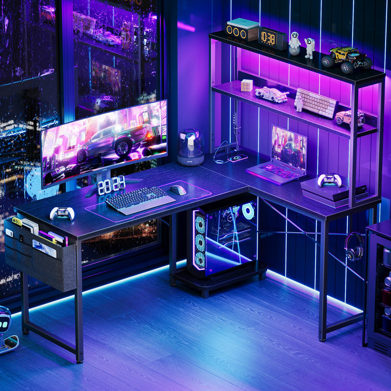 Inbox Zero L-Shaped Desk with LED Lights and Power Outlets, Black, 58.3" H x 53.1" W x 39.4" D