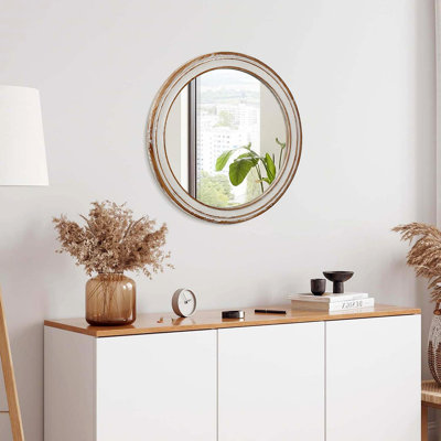 27.5 Inches Round Wall Mirror For Bathroom Vanity, Wooden Farmhouse Circle Mirrors For Bedroom, Entryway, Living Room, Kithenwash Edge Decorative Mirror For Home, Office