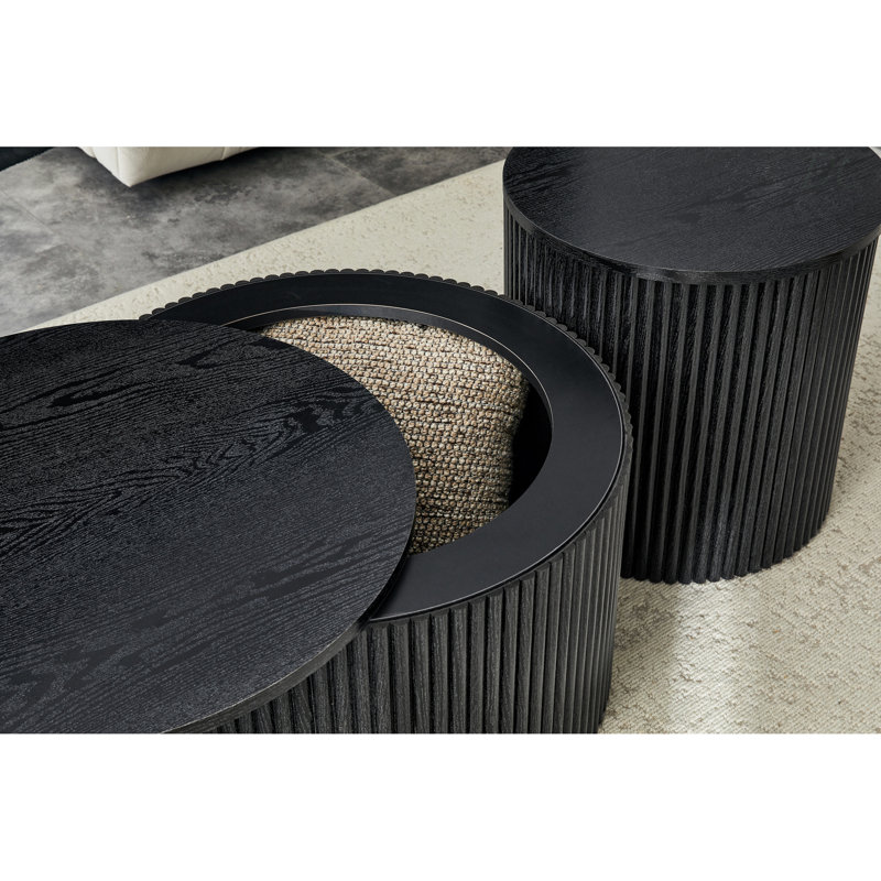 Ensemble de 2 tables basses gigognes, tables rondes en panneau de fibres à densité moyenne avec rangement intégré, tables d'appoint élégantes à grain de bois noir pour salon, chambre à coucher, table basse
