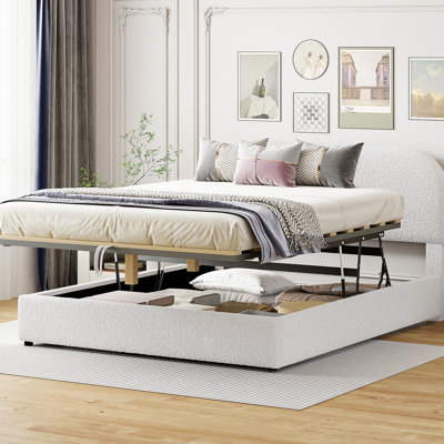 Grand lit plateforme en molleton avec rangement hydraulique - Rangement blanc, revêtu de tissu d'ameublement doux