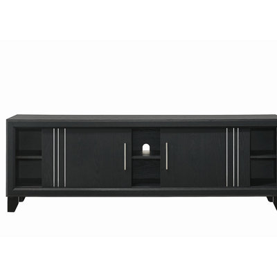 Meuble télé en bois avec console multimédia et tablettes ouvertes
