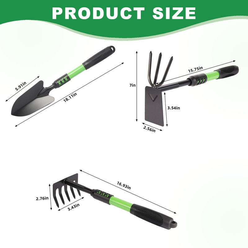 Ensemble d'outils de jardinage, ensemble de 3 outils de jardinage lourds et légers comprenant une pelle à main, une pelle à transplanter et un râteau à main avec une poignée antidérapante en caoutchouc souple, pour planter un sarclage, vert