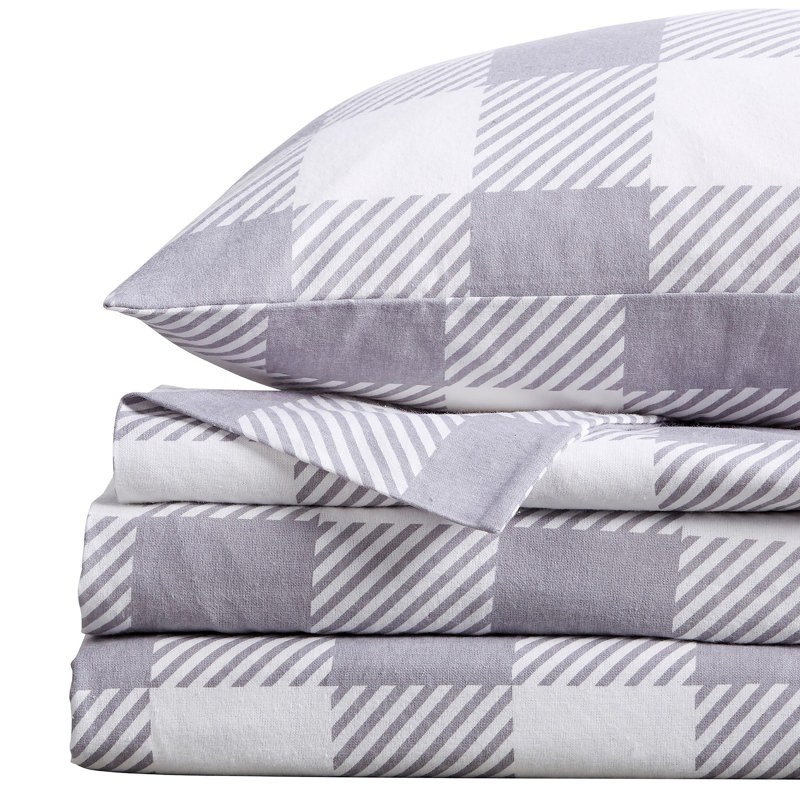 Alpine Flannel Sheet Set, Queen Sheet Set with 2 Pillowcases, Buffalo Check Grey