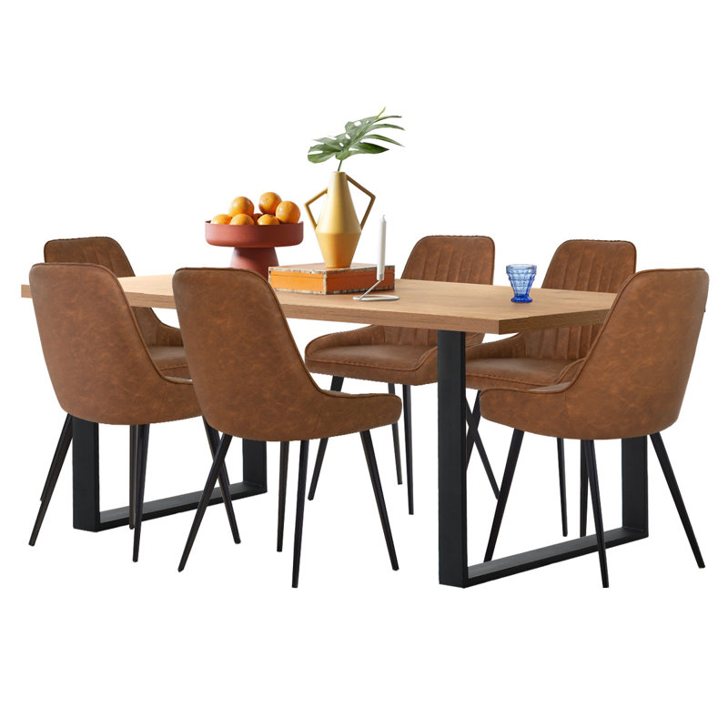 Ensemble de salle à manger 6 personnes Covello avec chaises rembourrées en similicuir et table rectangulaire Covello, Chêne