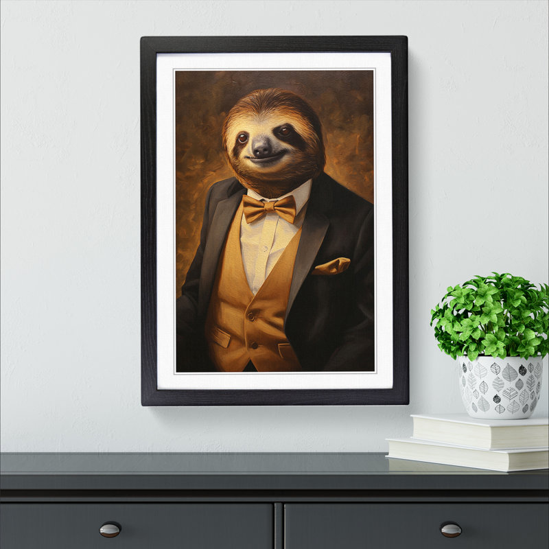 Sloth In A Suit Painting No.2 - Single Picture Frame Print on Wood, Black Framed, 34cm H x 25cm W