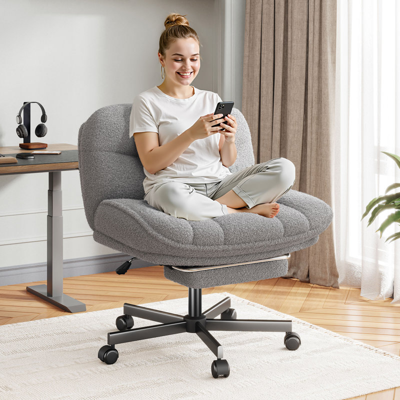 6.3" Thick Cushioned Cross Legged Swivel Office Chair With Foot Rest And Wheels, Height Adjustable, Gray