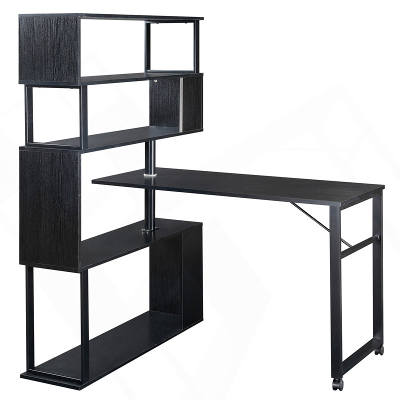 Table de coin en L pour bureau à domicile, table d'ordinateur rotative avec bibliothèque à 5 niveaux, quatre méthodes d'installation, roulettes verrouillables (noir)