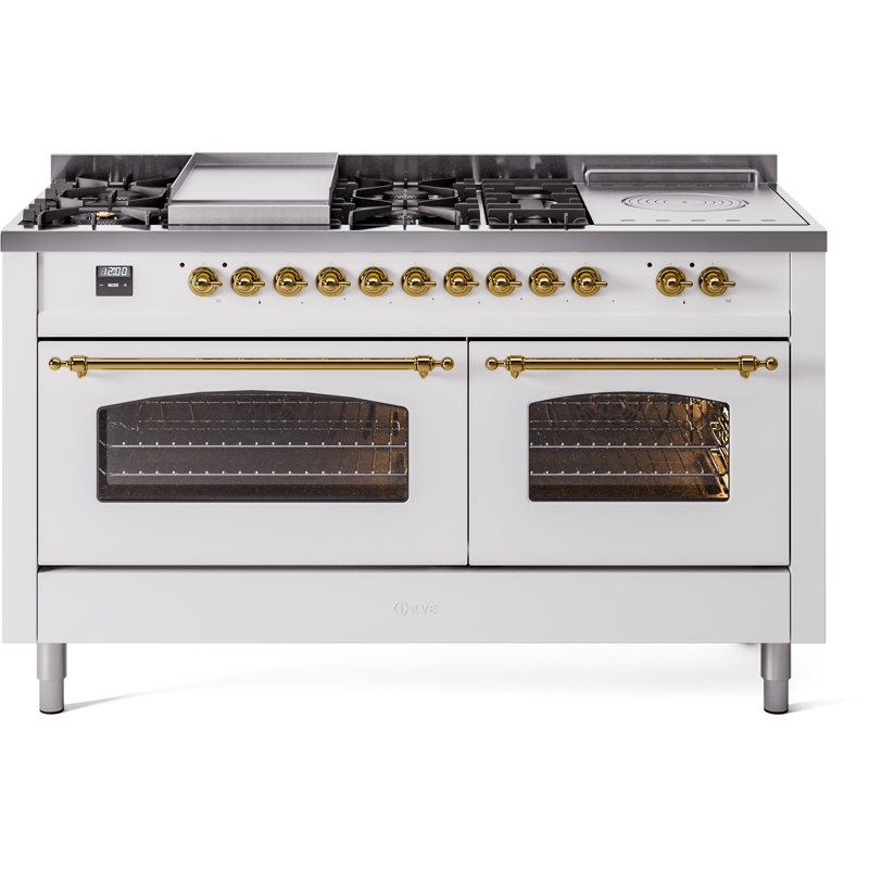 ILVE Nostalgie II 60 Dual Fuel Range, 5 Burners, Griddle, Frenchtop , Stainless Steel/Brass, Liquid Propane